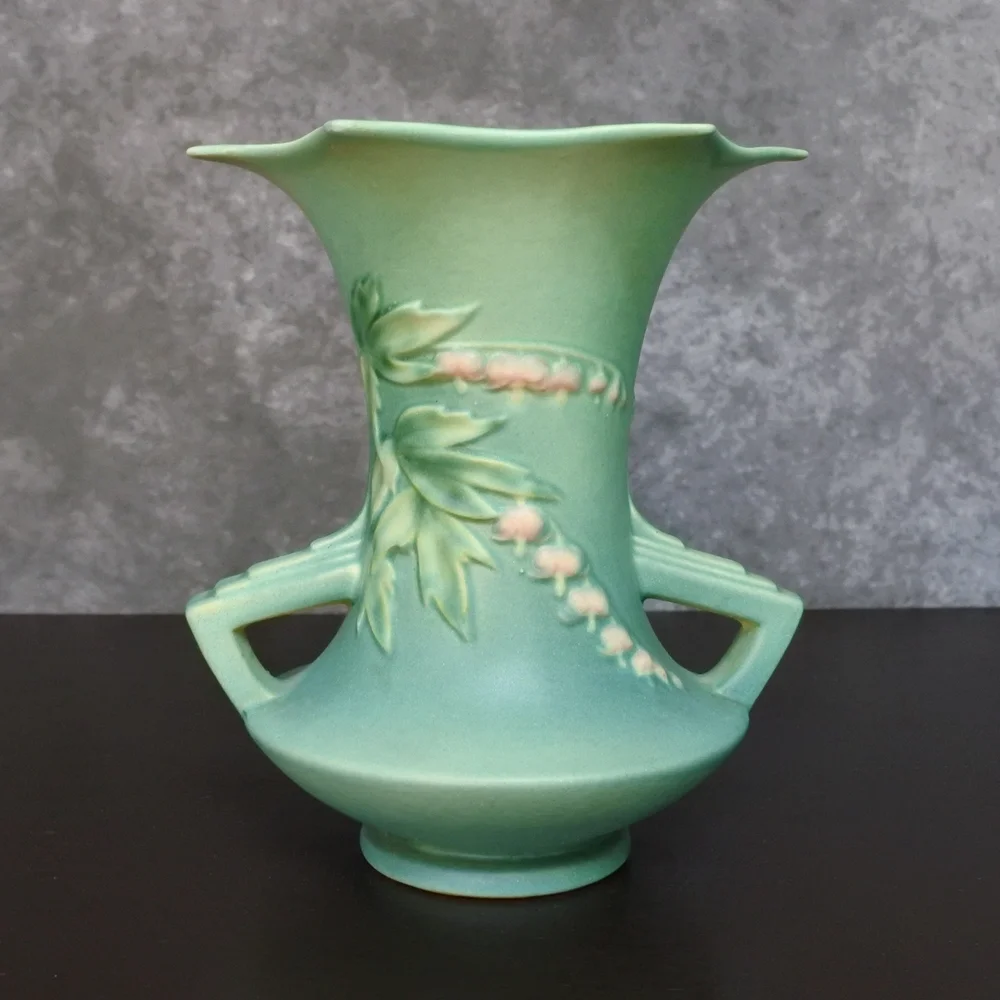 Vintage 1940s Roseville Pottery Bleeding Heart Pink Floral Green Vase 969-8 - Picture 1 of 9